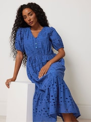 M&Co Blue Petite Embroidery Button 100% Cotton Dress - Image 2 of 5