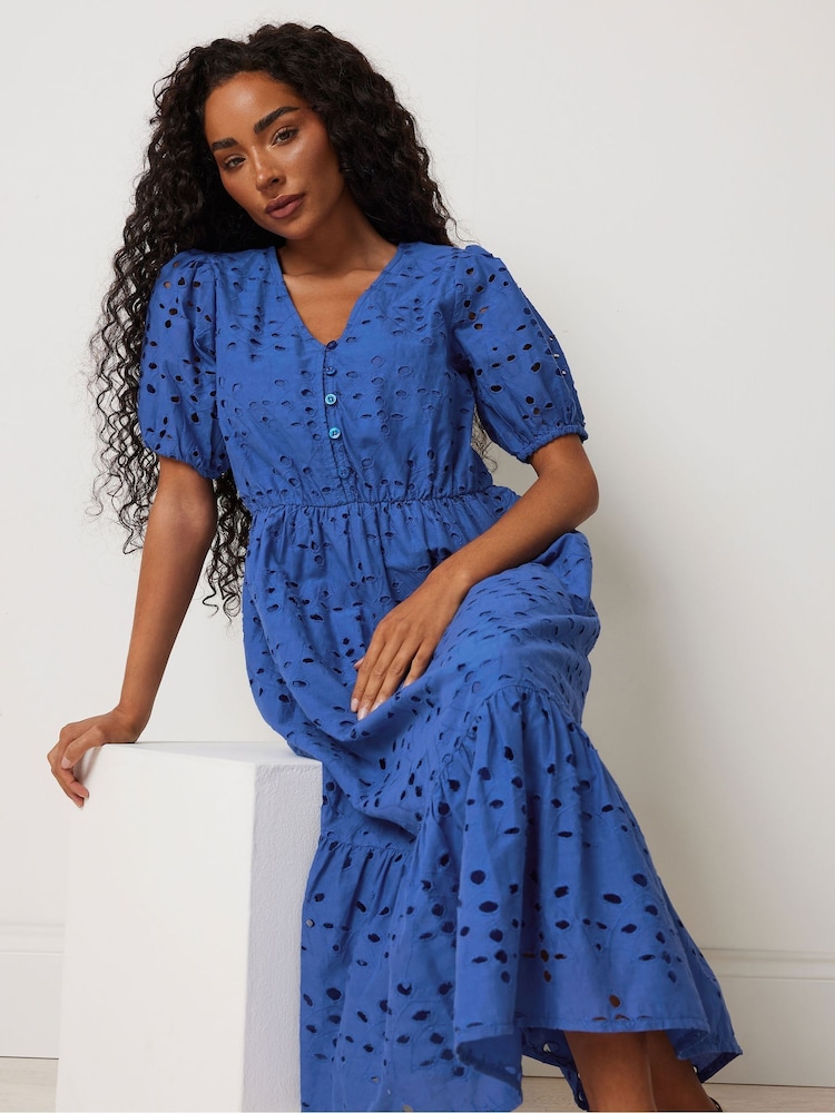 M&Co Blue Petite Embroidery Button 100% Cotton Dress - Image 2 of 5