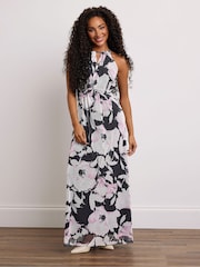 M&Co Black Petite Floral Mesh Halter Maxi Dress - Image 1 of 6