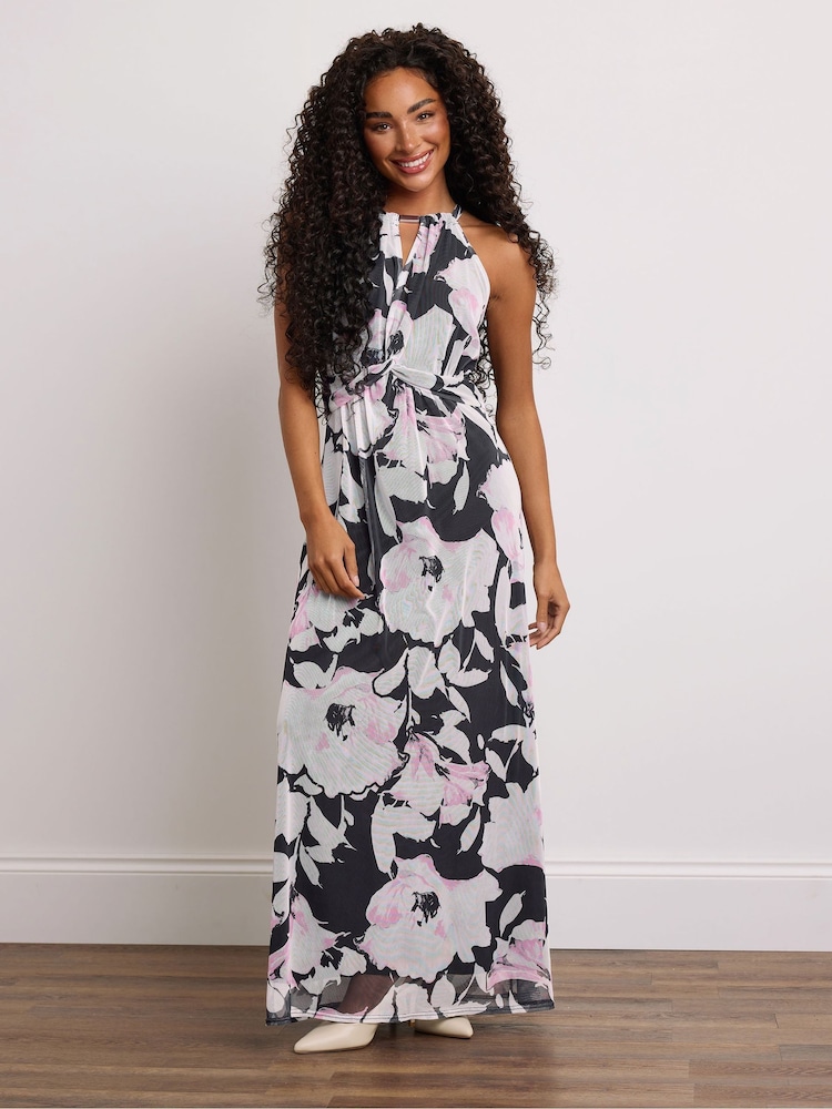 M&Co Black Petite Floral Mesh Halter Maxi Dress - Image 1 of 6