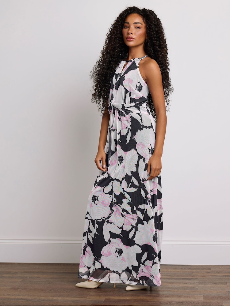 M&Co Black Petite Floral Mesh Halter Maxi Dress - Image 2 of 6