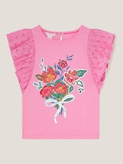 Monsoon Pink Floral Print Bouquet Broderie Frill Blouses - Image 1 of 3