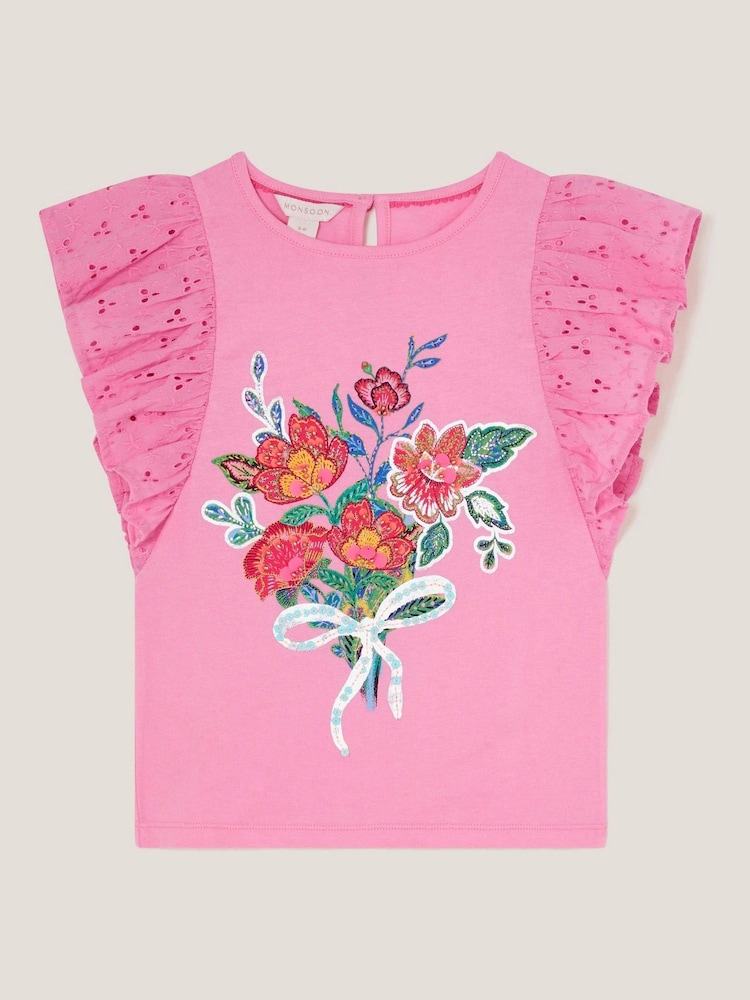 Monsoon Pink Floral Print Bouquet Broderie Frill Blouses - Image 1 of 3