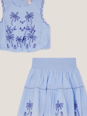 Monsoon Blue Palm Tree Embroidered Top and Skirt Set - Image 1 of 3