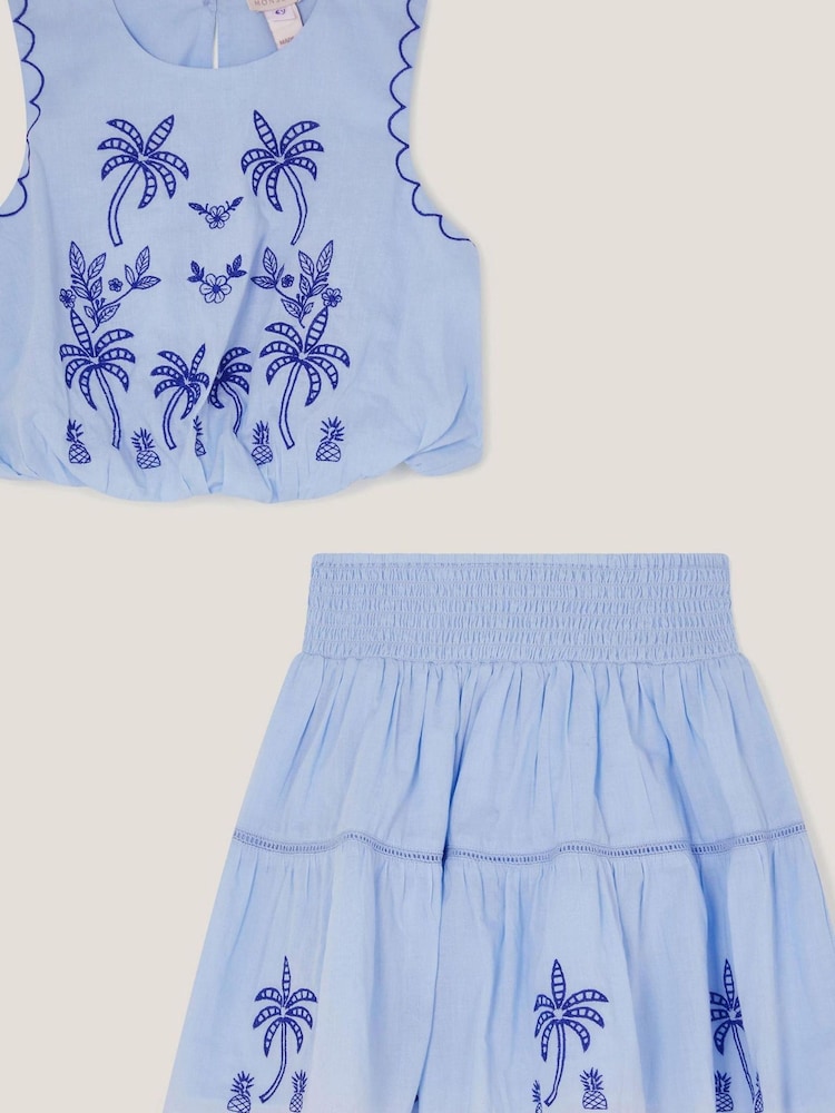 Monsoon Blue Palm Tree Embroidered Top and Skirt Set - Image 1 of 3