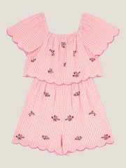 Monsoon Pink Floral Print Embroidered Gingham 100% Cotton Playsuit - Image 1 of 3