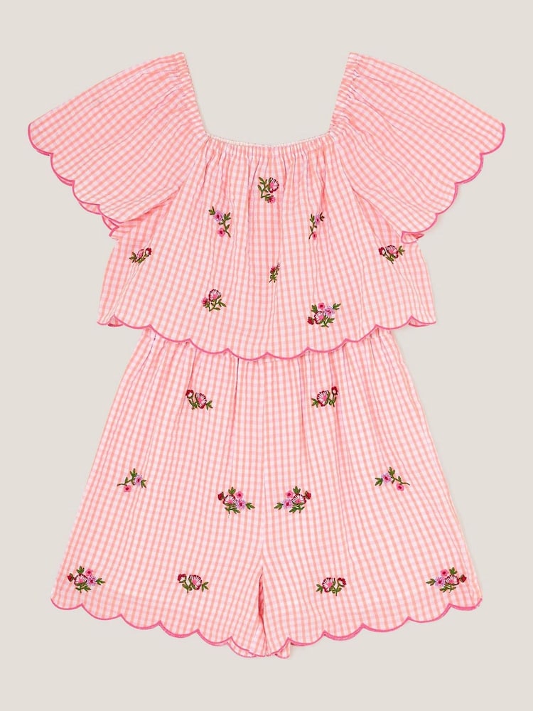 Monsoon Pink Floral Print Embroidered Gingham 100% Cotton Playsuit - Image 1 of 3 Monsoon Pink Floral Print Embroidered Gingham 100% Cotton Playsuit - Image 1 of 3