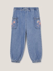 Monsoon Blue Embroidered Denim Cargo 100% Cotton Joggers - Image 1 of 3