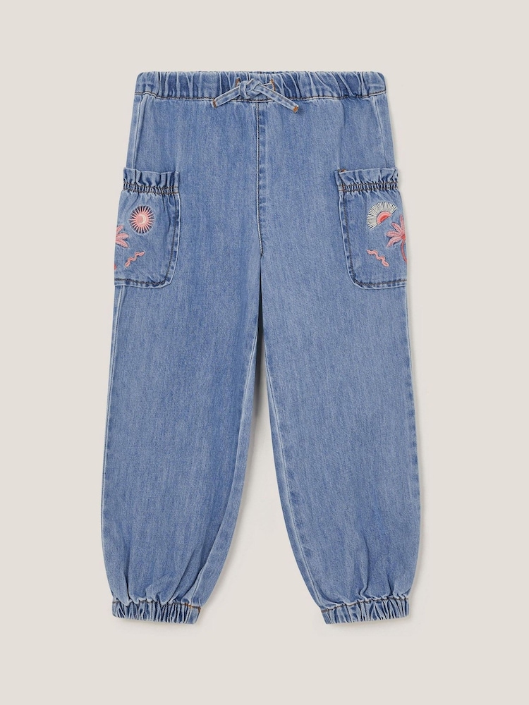 Monsoon Blue Embroidered Denim Cargo 100% Cotton Joggers - Image 1 of 3