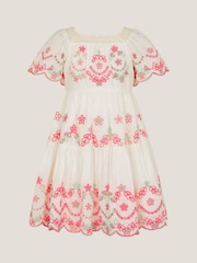 Monsoon White Floral Print Broderie 100% Cotton Short Sleeve Dress - Image 1 of 3
