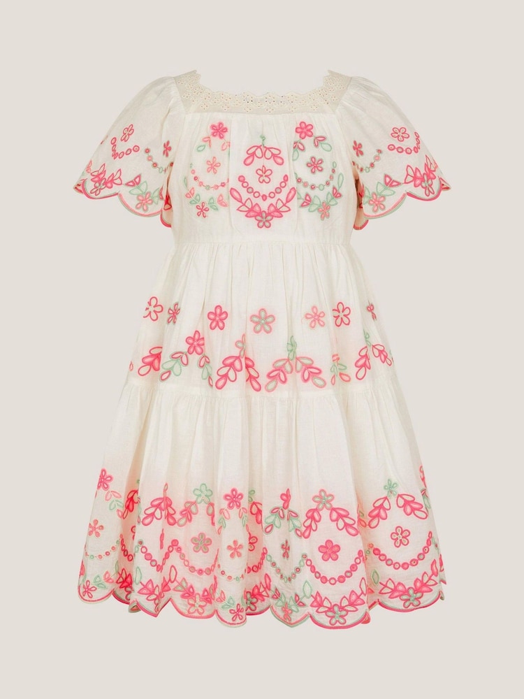 Monsoon White Floral Print Broderie 100% Cotton Short Sleeve Dress - Image 1 of 3