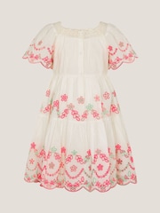Monsoon White Floral Print Broderie 100% Cotton Short Sleeve Dress - Image 2 of 3