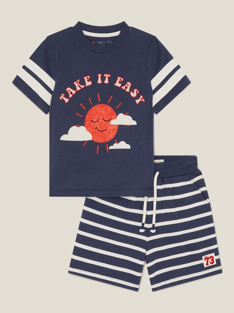 Monsoon Blue Take It Easy T-Shirt and Stripe Shorts Set - Image 1 of 3
