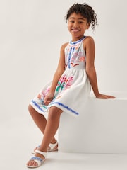 Monsoon White Palm Tree Embroidered Sleeveless 100% Cotton Dress - Image 1 of 4