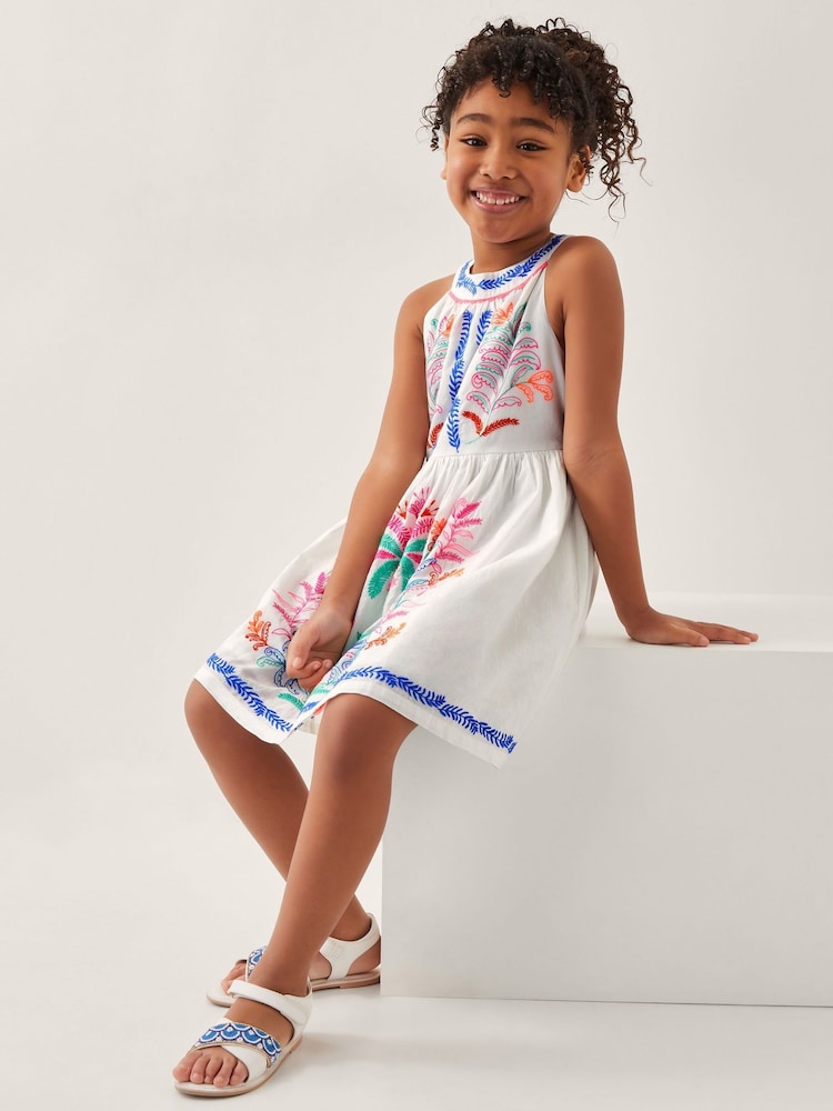 Monsoon White Palm Tree Embroidered Sleeveless 100% Cotton Dress - Image 1 of 4