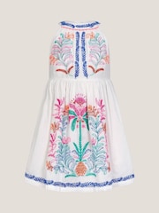 Monsoon White Palm Tree Embroidered Sleeveless 100% Cotton Dress - Image 2 of 4