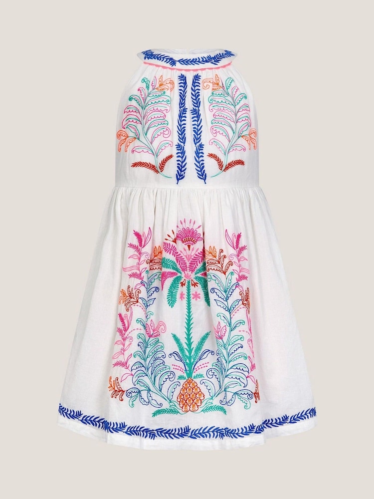Monsoon White Palm Tree Embroidered Sleeveless 100% Cotton Dress - Image 2 of 4