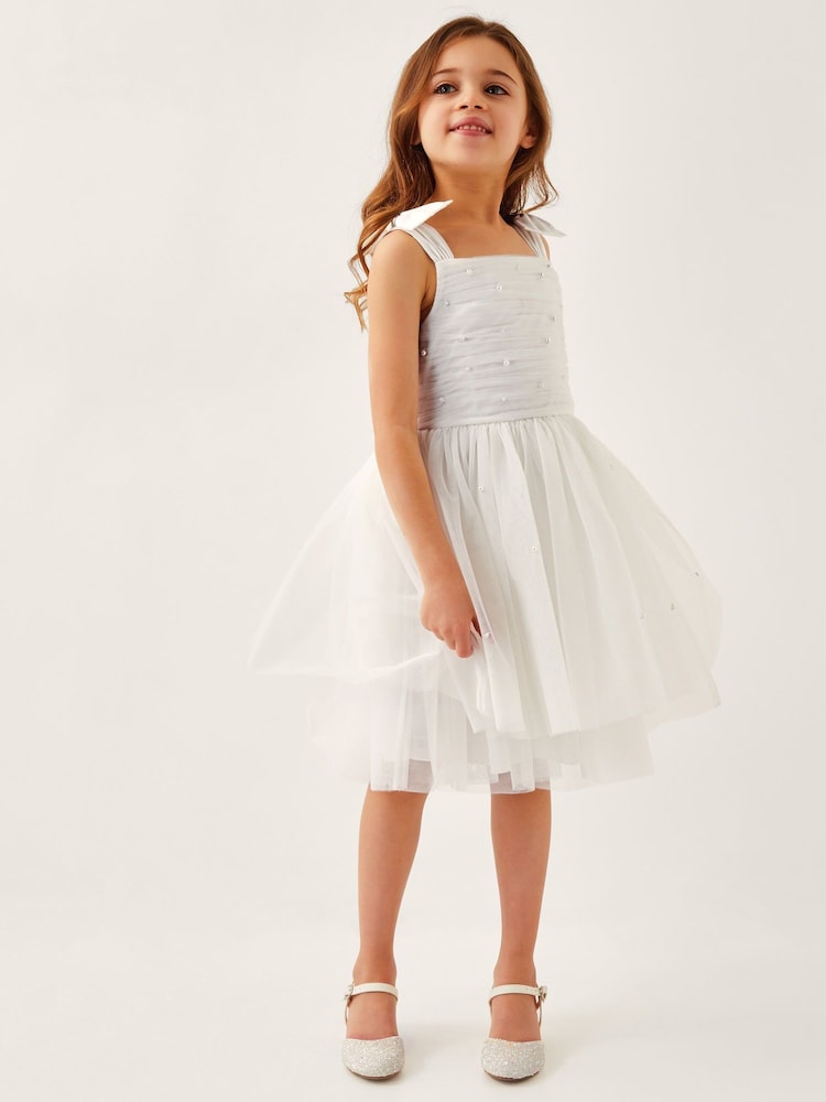 Monsoon White Olivia Pearl Ruched Tulle Dress - Image 1 of 4