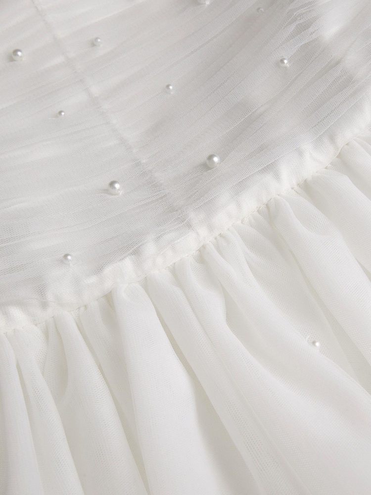Monsoon White Olivia Pearl Ruched Tulle Dress - Image 4 of 4