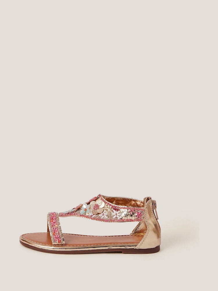 Monsoon Natural Flower Embellished Metallic Sandals - Image 1 of 3