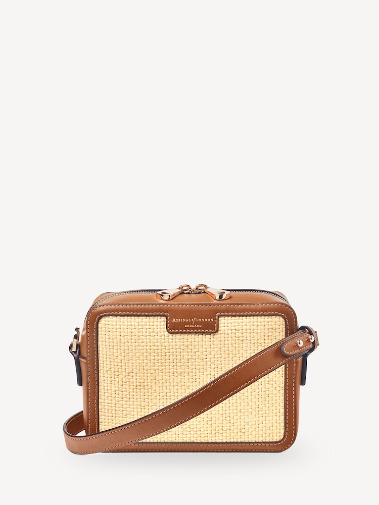 Aspinal of London Brown Camera Bag Natural Raffia & Tan leather - Image 1 of 5