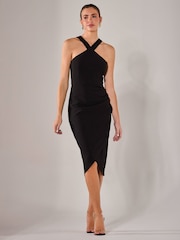 Jolie Moi Black Cross-Over Halter Neck Midi Dress - Image 1 of 6