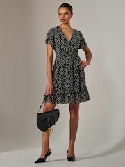 Jolie Moi Black Chiffon Short Sleeve Tie Waist Mini Dress - Image 1 of 6