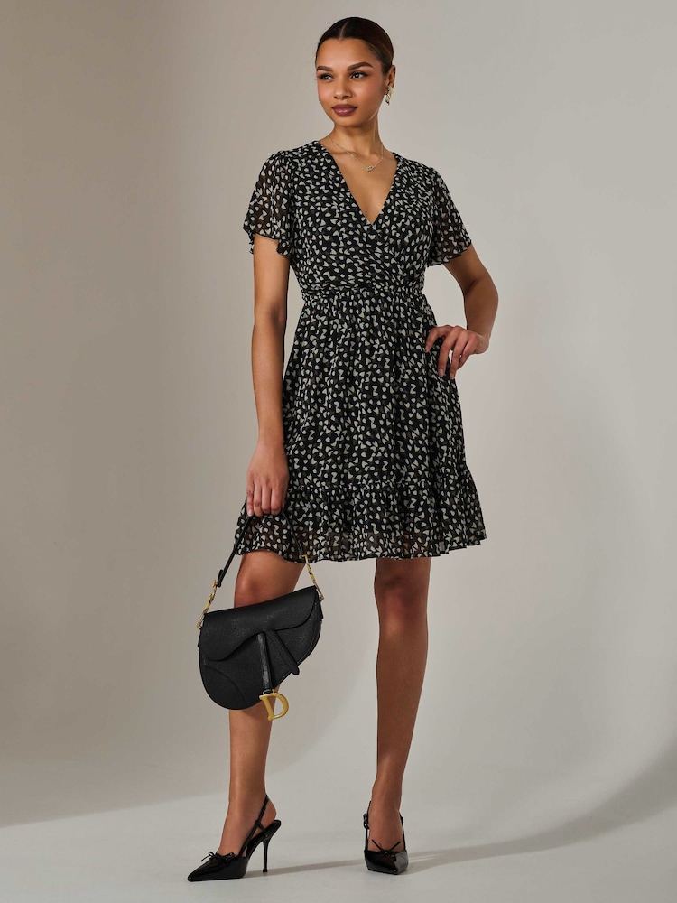 Jolie Moi Black Chiffon Short Sleeve Tie Waist Mini Dress - Image 1 of 6