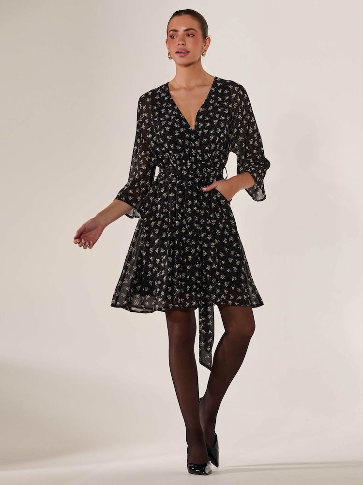 Jolie Moi Black Chiffon 3/4 Sleeve Mini Dress - Image 1 of 6