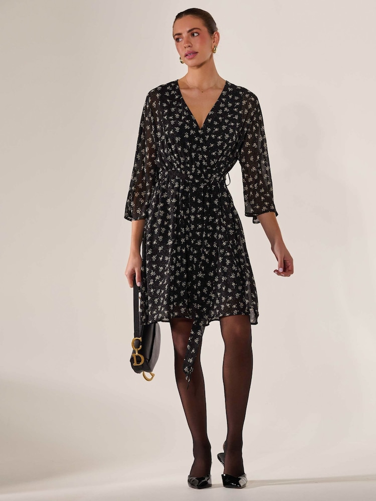 Jolie Moi Black Chiffon 3/4 Sleeve Mini Dress - Image 6 of 6