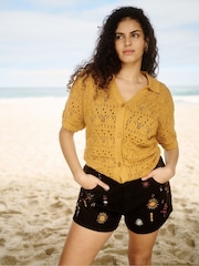 Simply Be Black Boho Denim Embroidered Shorts - Image 3 of 5