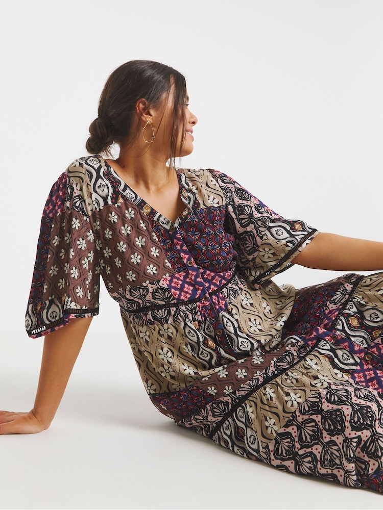 Simply Be Brown Crinkle Tiered Maxi Dress With Ladder Trim - Image 1 of 4