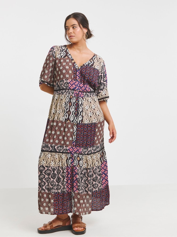 Simply Be Brown Crinkle Tiered Maxi Dress With Ladder Trim - Image 4 of 4