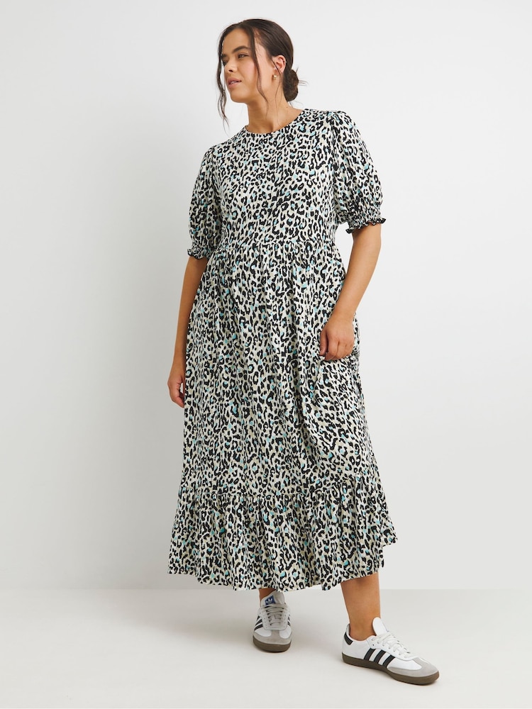 Simply Be Leopard Print Supersoft Short Sleeve Tiered Midi Dress - Image 1 of 4