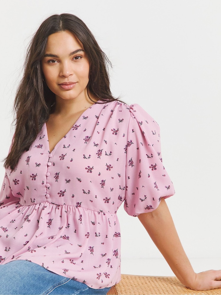 Simply Be Pink Button Through Peplum Blouse - Image 1 of 4