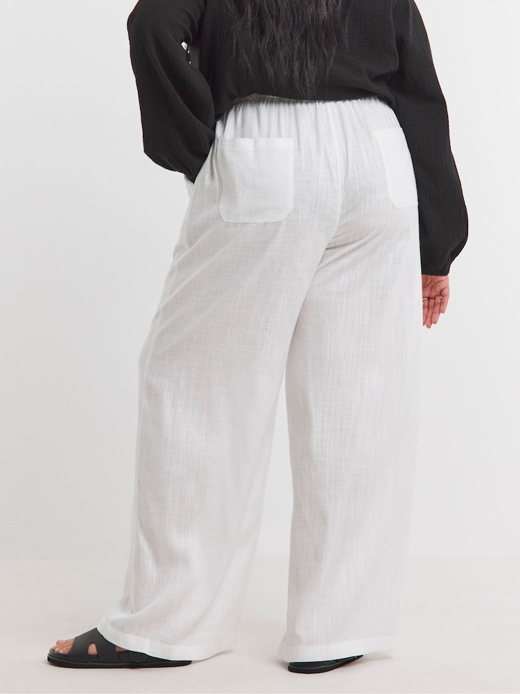 Simply Be White Tie Waist Linen Wide Leg Trousers - Image 2 of 4