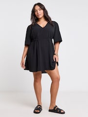 Simply Be Black Cinched Waist Skater Dress With Pockets - Image 1 of 4