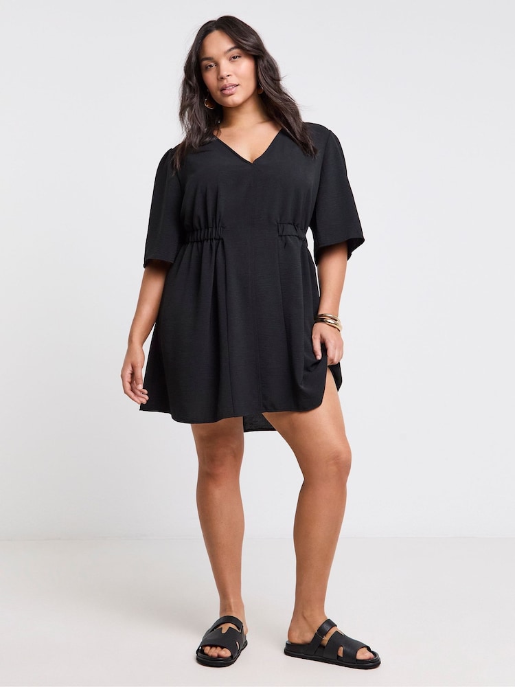 Simply Be Black Cinched Waist Skater Dress With Pockets - Image 1 of 4