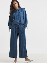 Simply Be Blue Pleat Wide Leg Jeans - Image 1 of 4