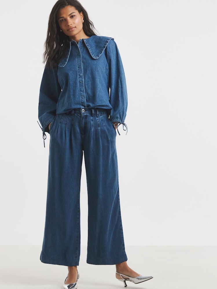 Simply Be Blue Pleat Wide Leg Jeans - Image 1 of 4