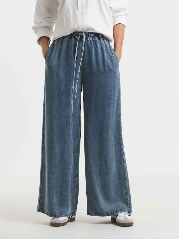 Simply Be Navy Blue Tie Front Palazzo Jeans - Image 4 of 4