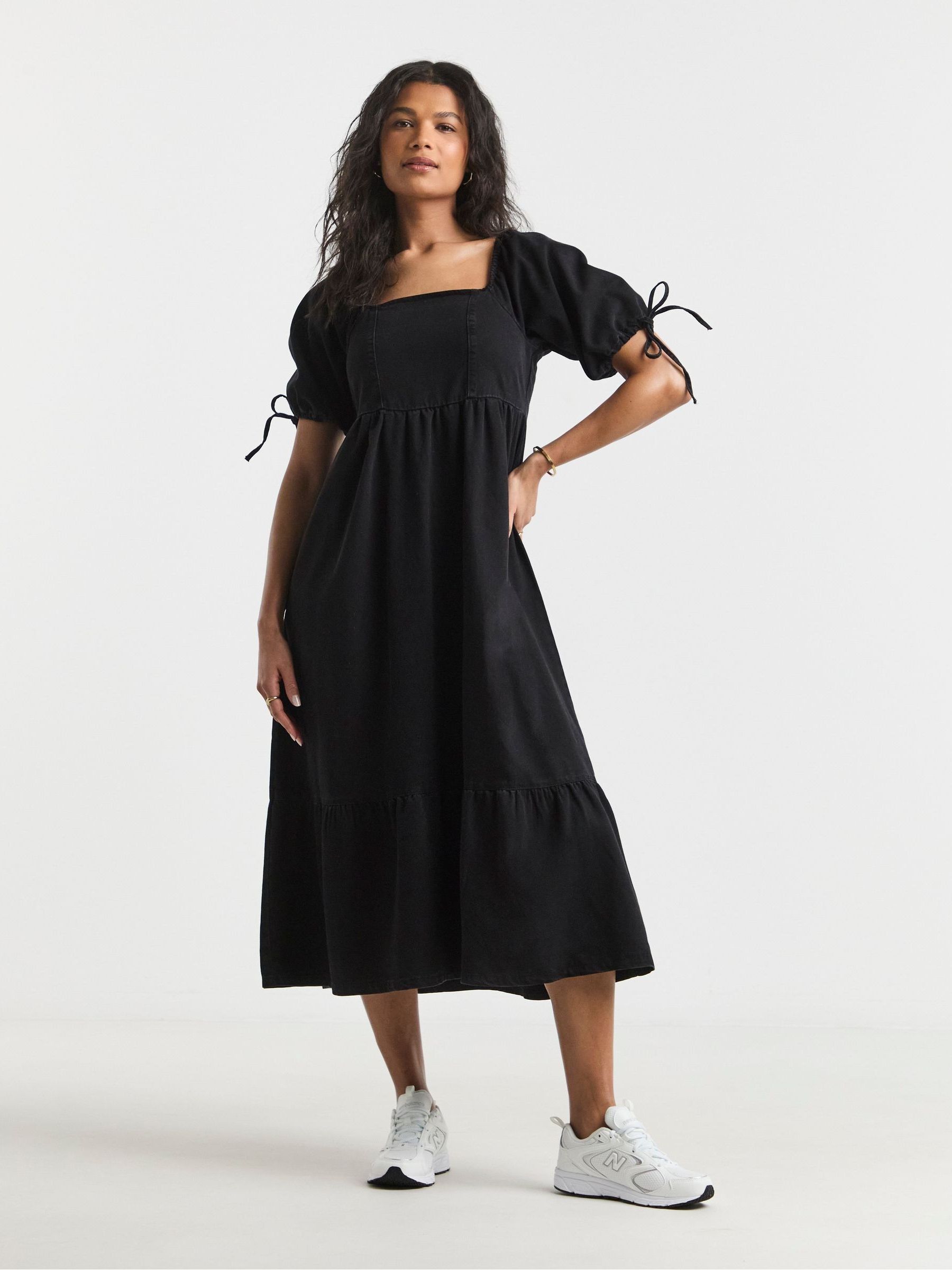Buy Simply Be Black Midi Shirred Denim Smock Dress from the Buy Simply Be Black Midi Shirred Denim Smock Dress from the