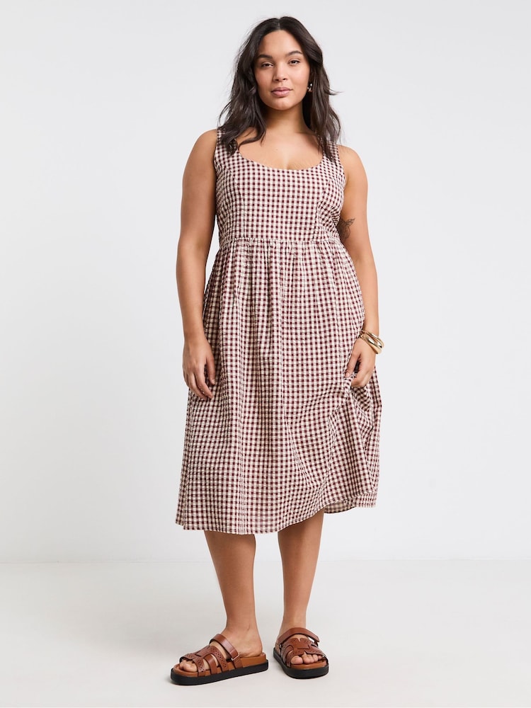 Simply Be Brown Gingham Midi Apron 100% Cotton Dress - Image 1 of 4