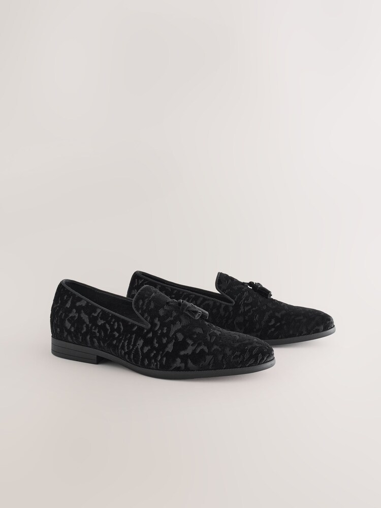 Black Velvet Pattern Loafers - Image 1 of 5