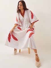 Monsoon White Cerse Leaf Print Maxi 100% Cotton Dress - Image 3 of 4