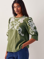 Monsoon Green Noemi Embroidered 100% Cotton Top - Image 1 of 5