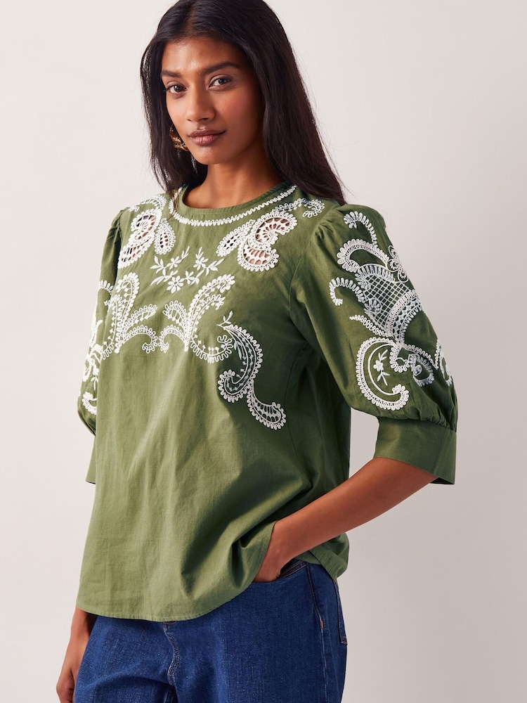 Monsoon Green Noemi Embroidered 100% Cotton Top - Image 1 of 5