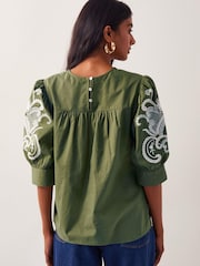 Monsoon Green Noemi Embroidered 100% Cotton Top - Image 2 of 5