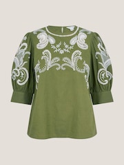 Monsoon Green Noemi Embroidered 100% Cotton Top - Image 5 of 5