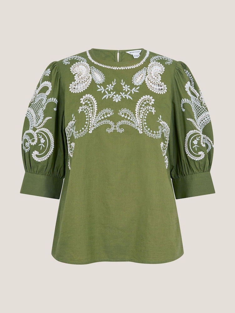 Monsoon Green Noemi Embroidered 100% Cotton Top - Image 5 of 5